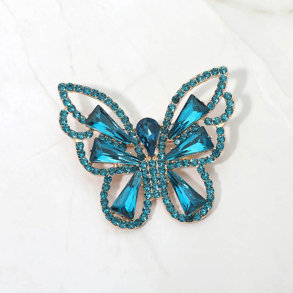 Madeline Love Blue Zircon, Gold Stone Cluster Butterfly Pin Brooch - Brooches