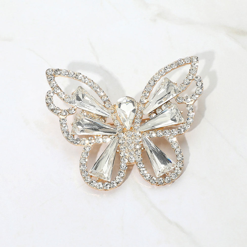 Madeline Love Clear, Gold Stone Cluster Butterfly Pin Brooch - Brooches