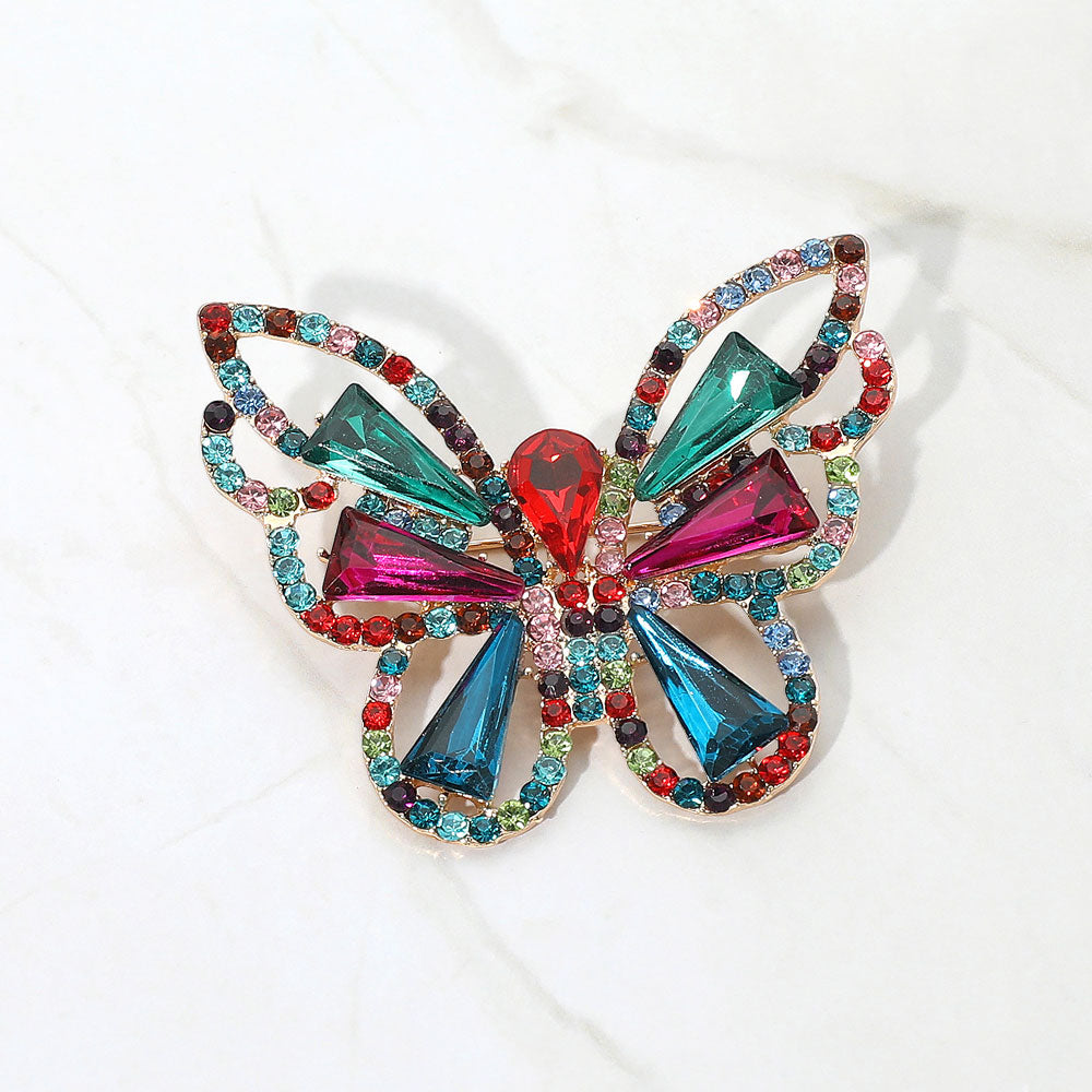 Madeline Love Gold, Multi Stone Cluster Butterfly Pin Brooch - Brooches
