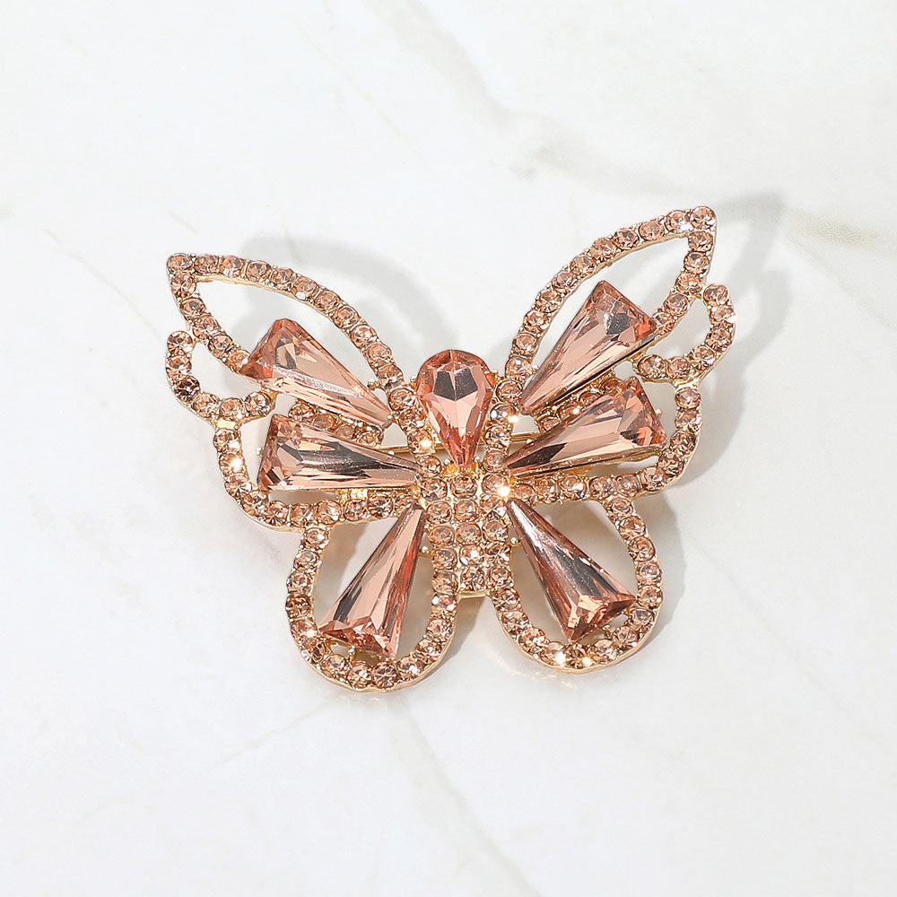Madeline Love Gold, Peach Stone Cluster Butterfly Pin Brooch - Brooches