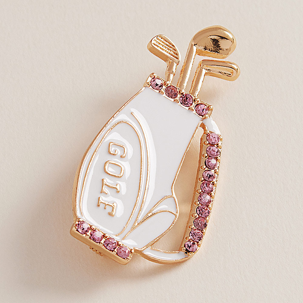 White Enamel Rhinestone Accent Golf Bag Pin Brooch
