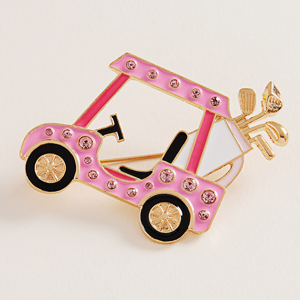 Pink Enamel Rhinestone Accent Golf Cart Clubs Pin Brooch