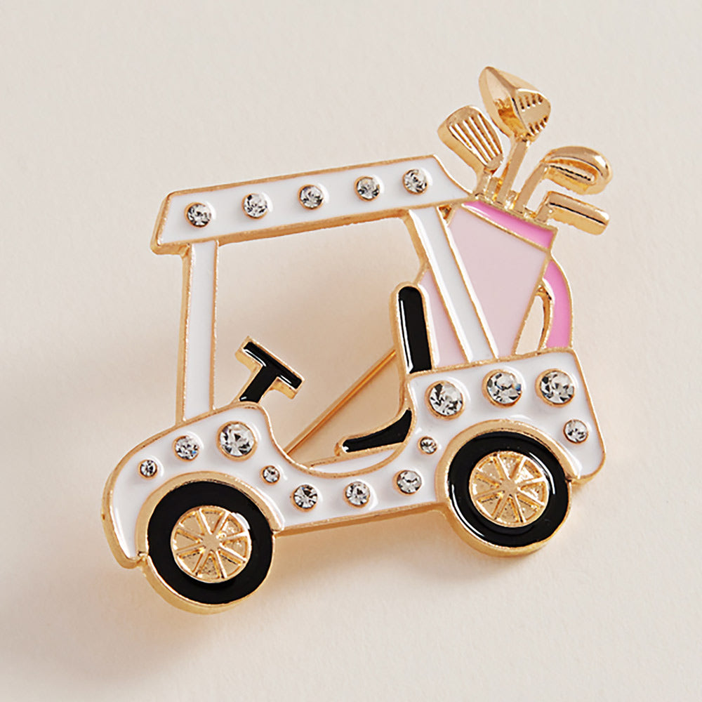 White Enamel Rhinestone Accent Golf Cart Clubs Pin Brooch