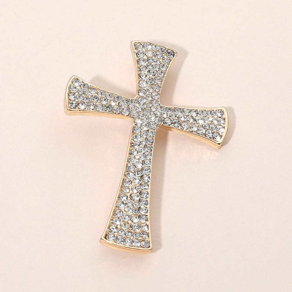 Madeline Love Clear, Gold Rhinestone Pave Cross Pin Brooch