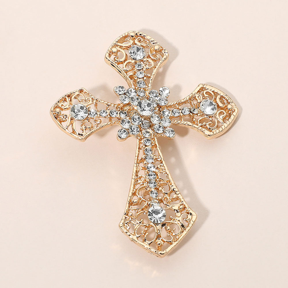 Madeline Love Clear, Gold Vintage Filigree Rhinestone Embellished Cross Pin Brooch