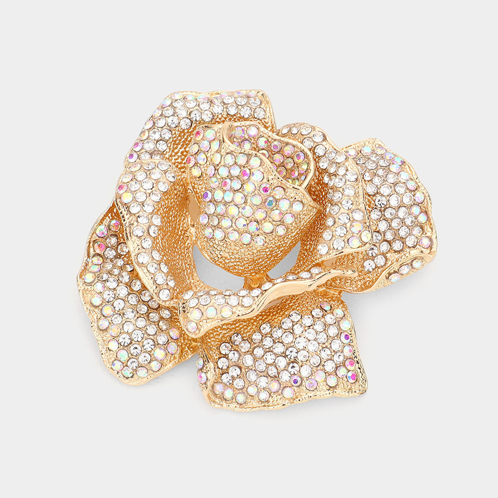 Madeline Love AB, Clear, Gold Crystal Pave Rose Brooch - Brooches