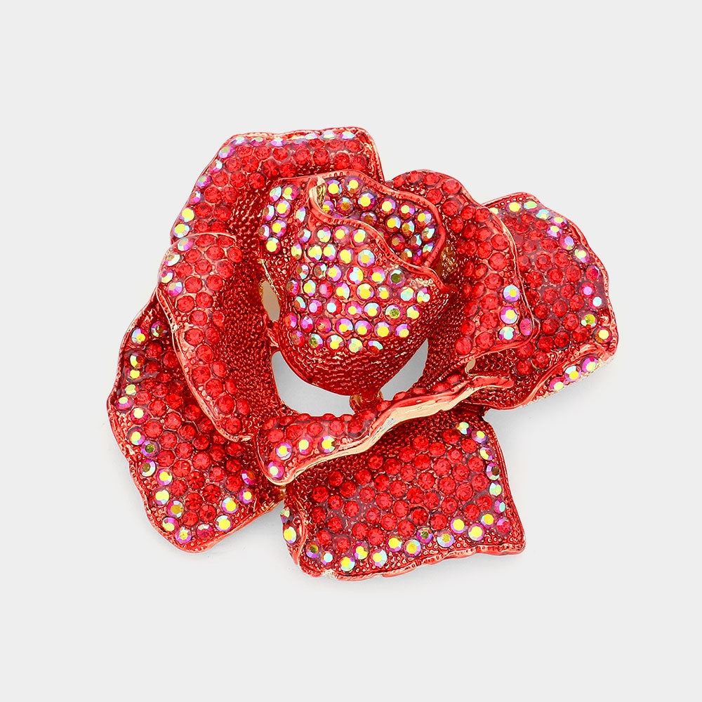 Madeline Love AB, Gold, Red Crystal Pave Rose Brooch - Brooches