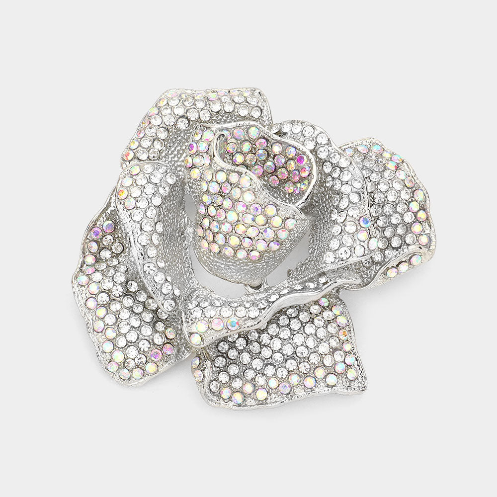 Madeline Love AB, Clear, Rhodium Crystal Pave Rose Brooch - Brooches