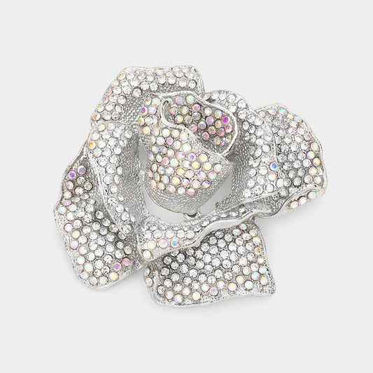 Madeline Love AB, Clear, Rhodium Crystal Pave Rose Brooch - Brooches
