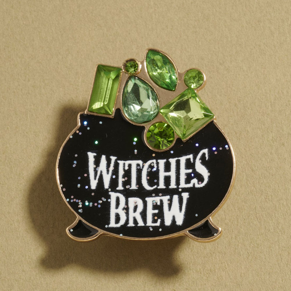Jet Black Gem Stone Accent Halloween Witches Brew Cauldron Pin Brooch