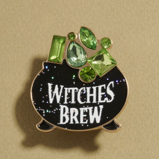 Jet Black Gem Stone Accent Halloween Witches Brew Cauldron Pin Brooch