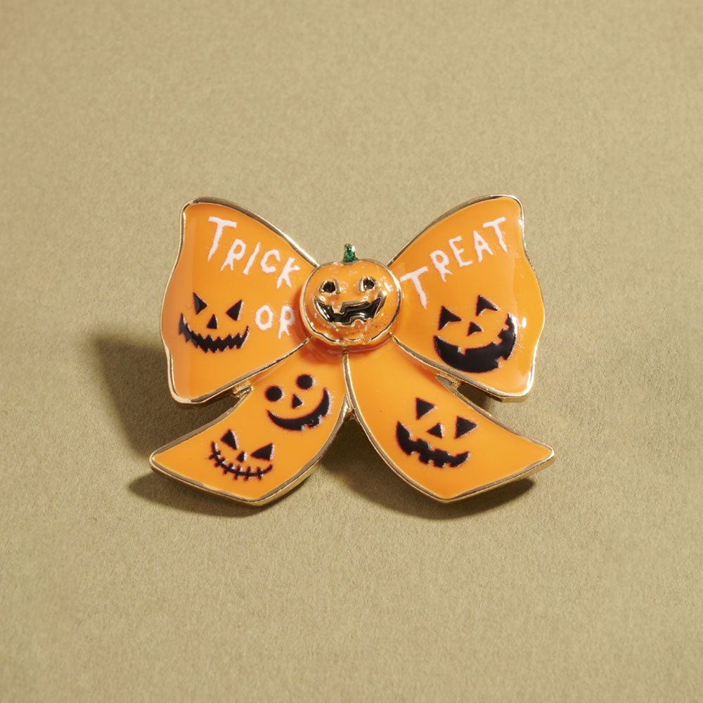 Gold Trick or Treat Halloween Bow Pin Brooch