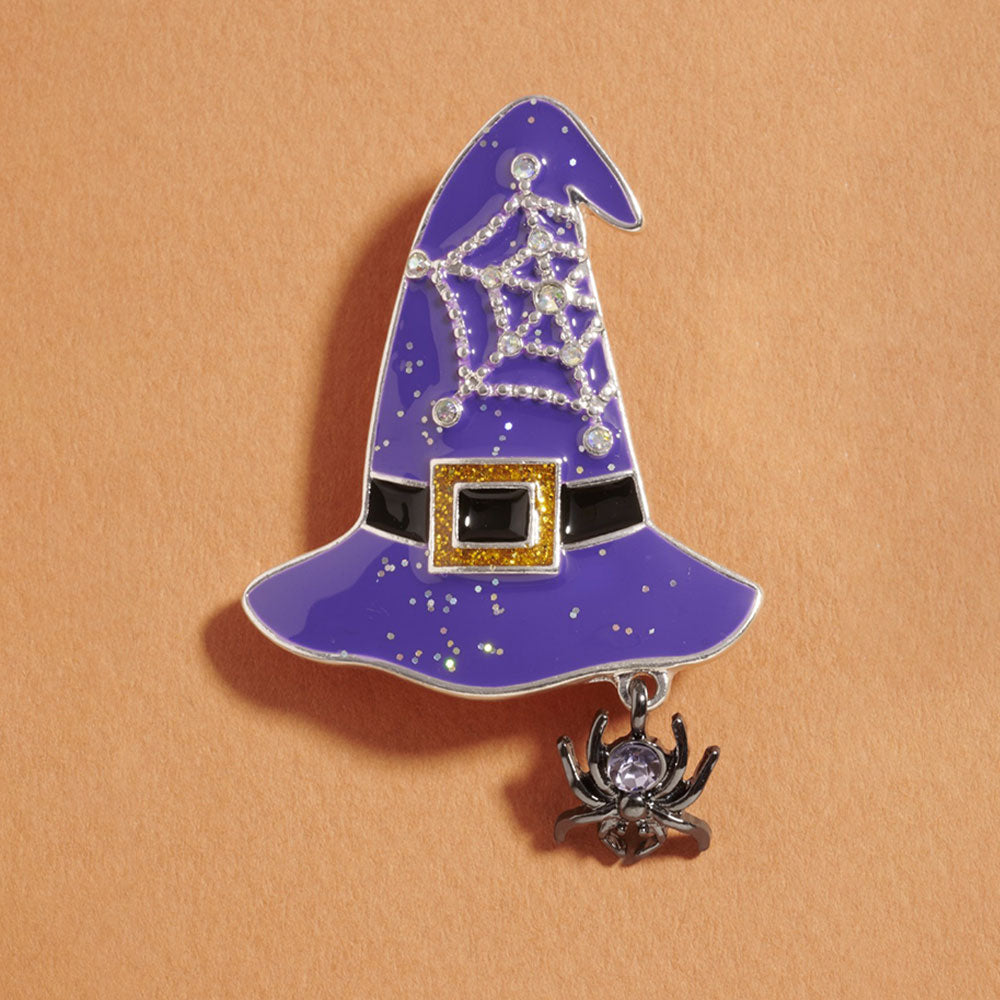 Purple Halloween Witch Hat Spider Dangle Pin Brooch