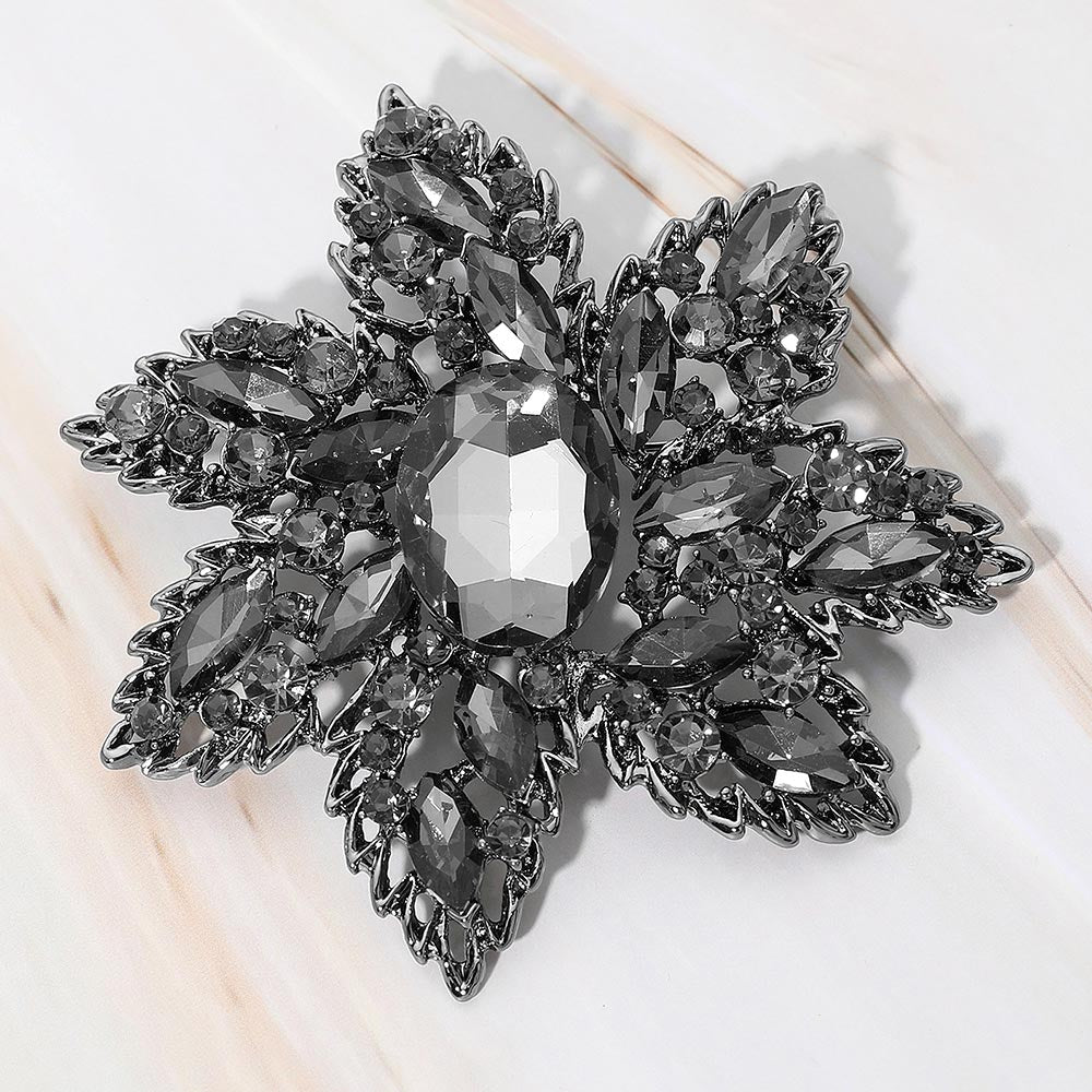 Madeline Love Black Oval Stone Center Rhinestone Studded Floral Statement Pin Brooch - Brooches