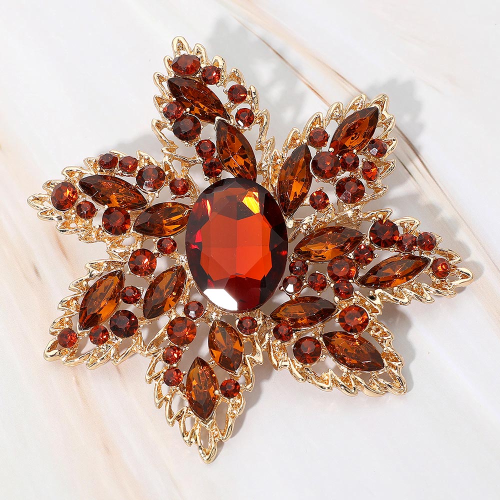 Madeline Love Brown, Gold Oval Stone Center Rhinestone Studded Floral Statement Pin Brooch - Brooches