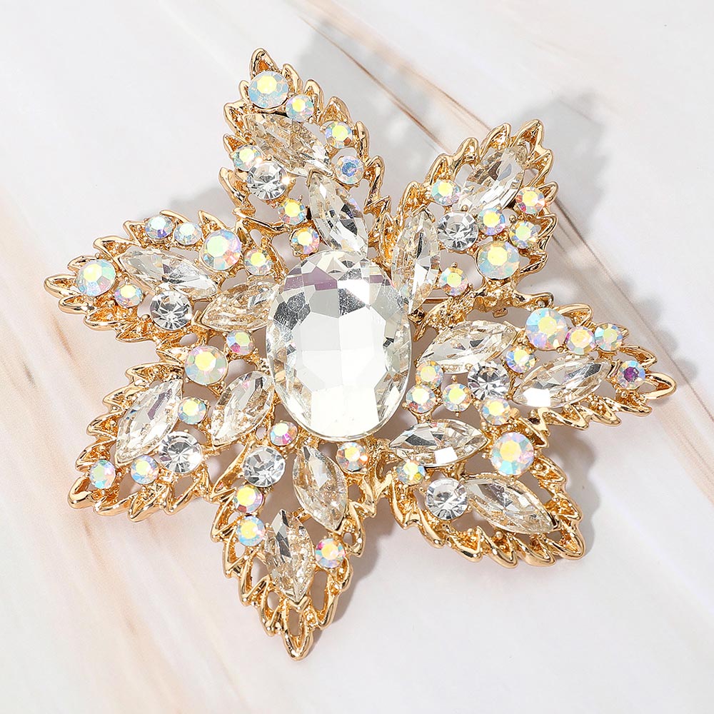 Madeline Love AB, Gold Oval Stone Center Rhinestone Studded Floral Statement Pin Brooch - Brooches