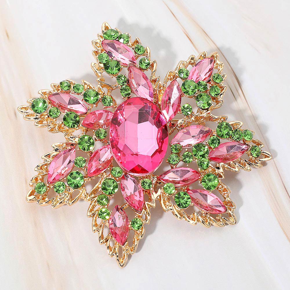Madeline Love Gold, Pink&Green Oval Stone Center Rhinestone Studded Floral Statement Pin Brooch - Brooches