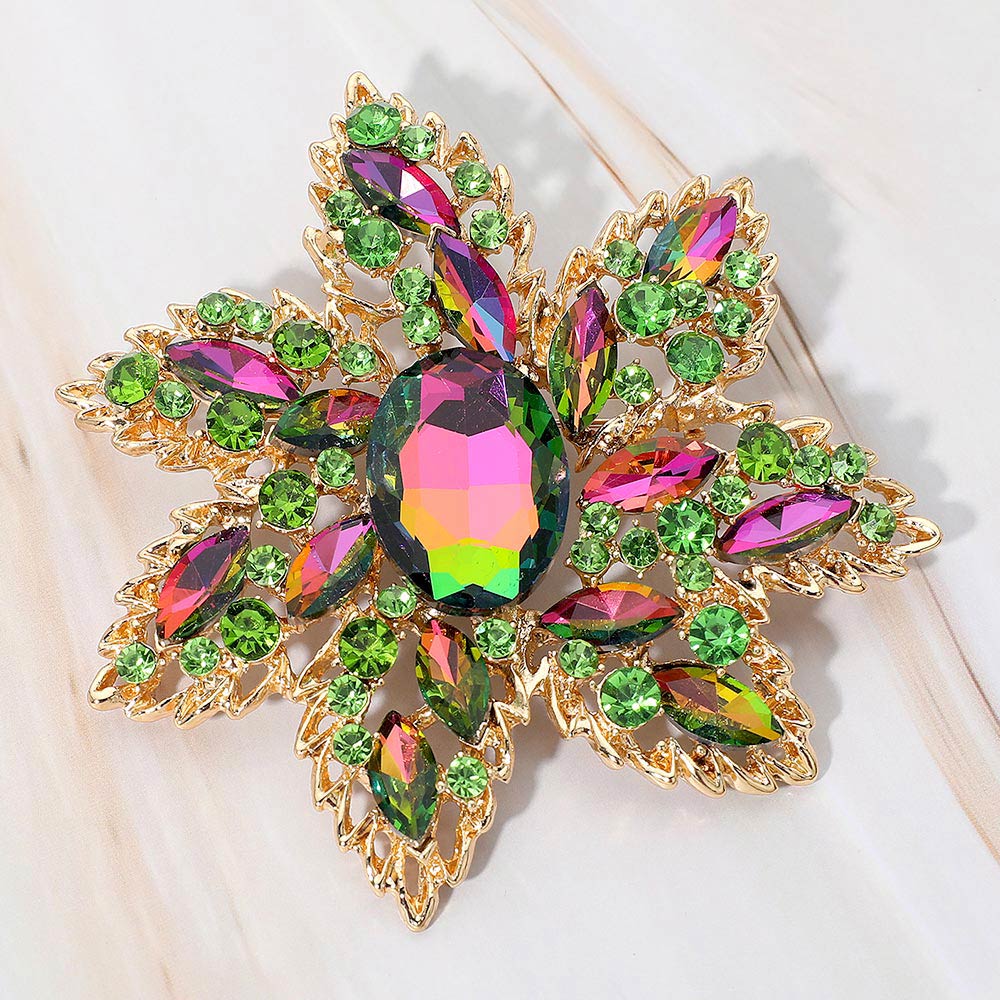 Madeline Love Gold, Vitrail Medium Oval Stone Center Rhinestone Studded Floral Statement Pin Brooch - Brooches