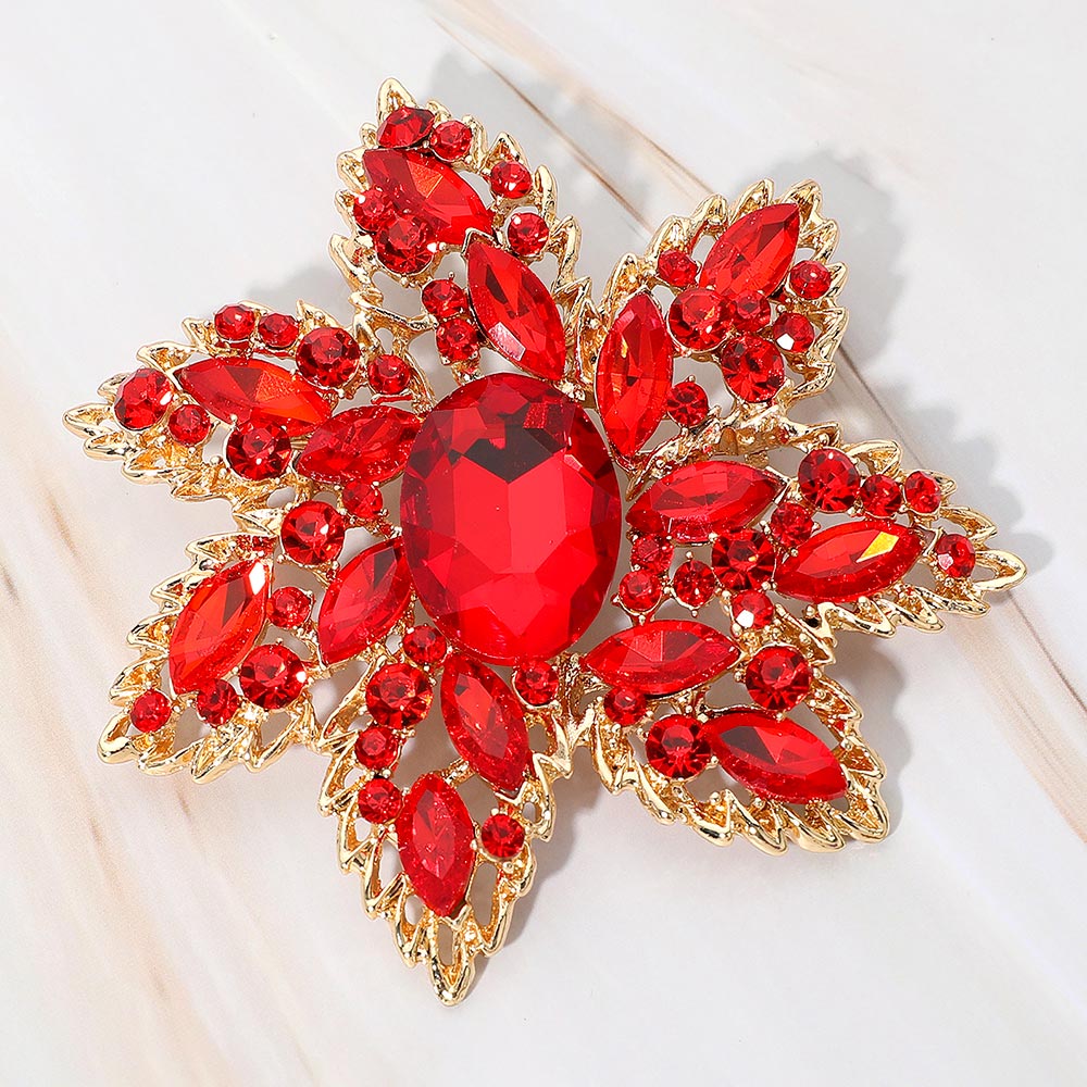 Madeline Love Gold, Red Oval Stone Center Rhinestone Studded Floral Statement Pin Brooch - Brooches