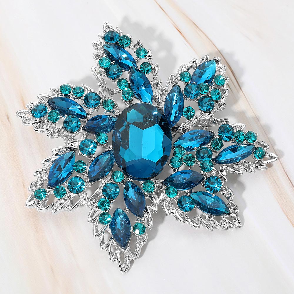 Madeline Love Blue Zircon, Rhodium Oval Stone Center Rhinestone Studded Floral Statement Pin Brooch - Brooches