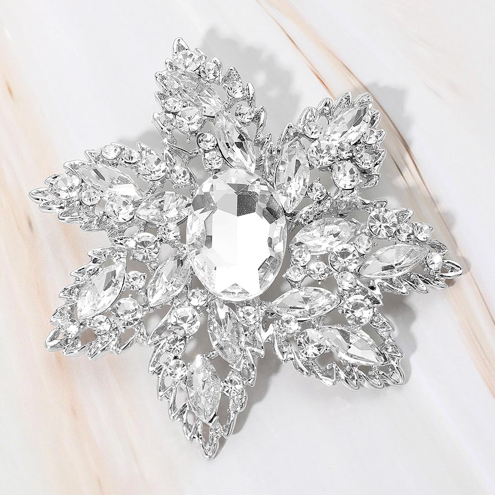 Madeline Love Clear, Rhodium Oval Stone Center Rhinestone Studded Floral Statement Pin Brooch - Brooches
