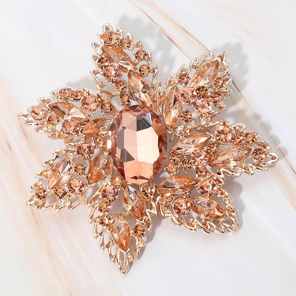 Madeline Love Peach, Rose Gold Oval Stone Center Rhinestone Studded Floral Statement Pin Brooch - Brooches