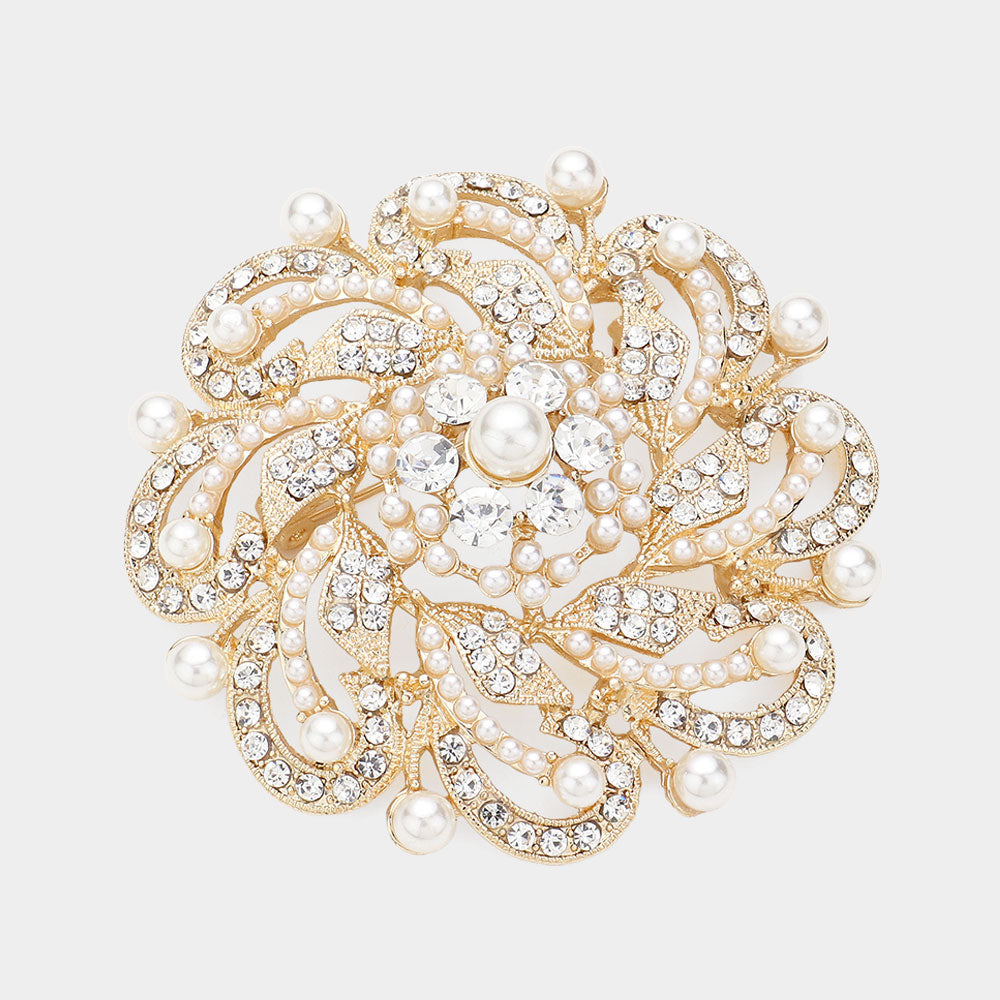 Madeline Love Cream, Gold Pearl Pointed Round Stone Flower Pin Brooch - Brooches