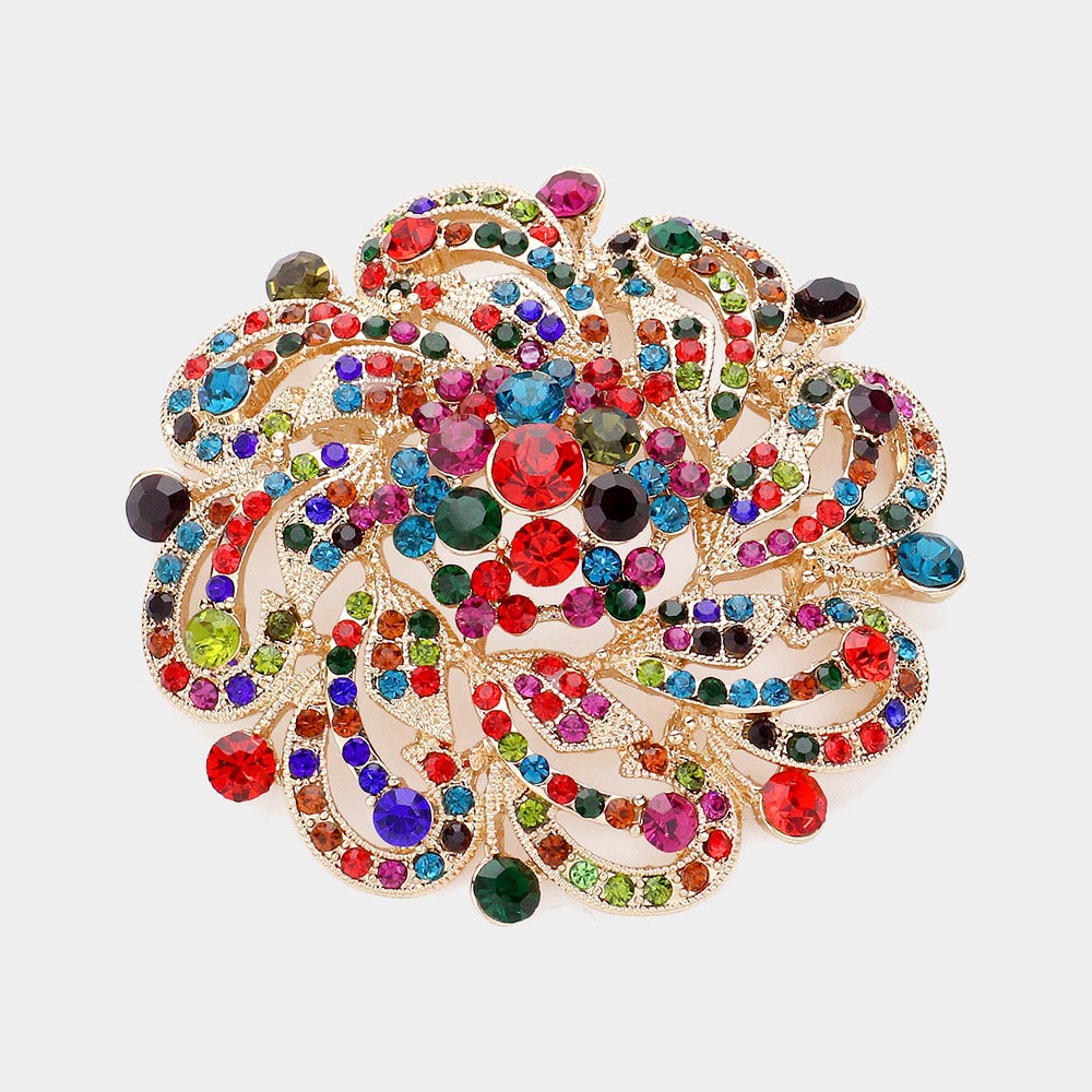 Madeline Love Gold, Multi Pearl Pointed Round Stone Flower Pin Brooch - Brooches