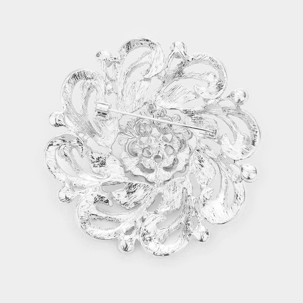 Madeline Love Rhodium, White Pearl Pointed Round Stone Flower Pin Brooch - Brooches - desc