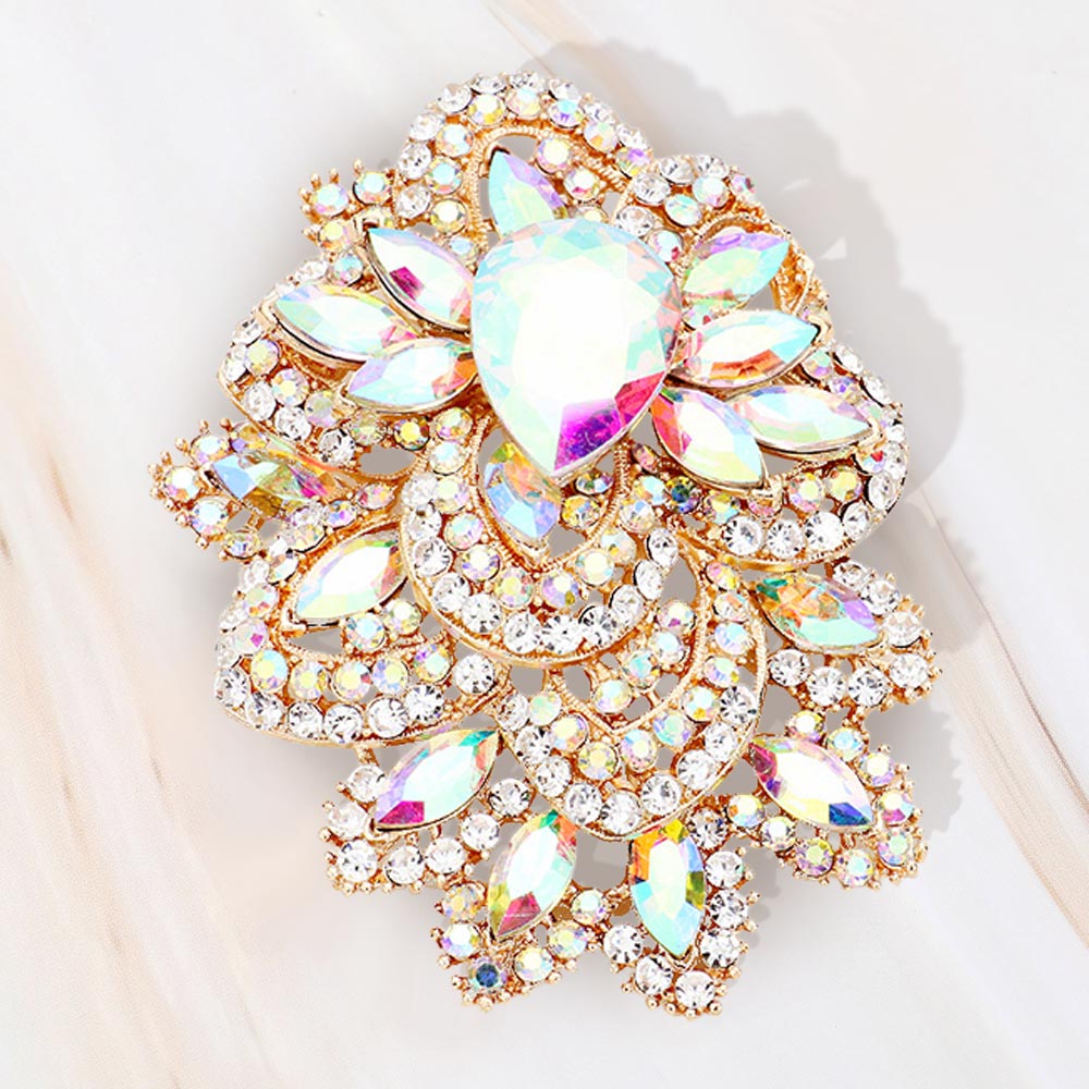Madeline Love AB, Gold Crystal Pave Leaf Cluster Pin Brooch - Brooches