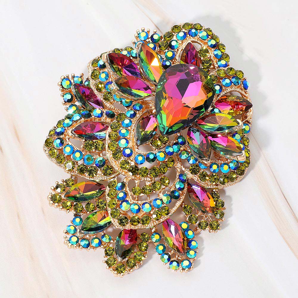 Madeline Love Gold, Vitrail Medium Crystal Pave Leaf Cluster Pin Brooch - Brooches