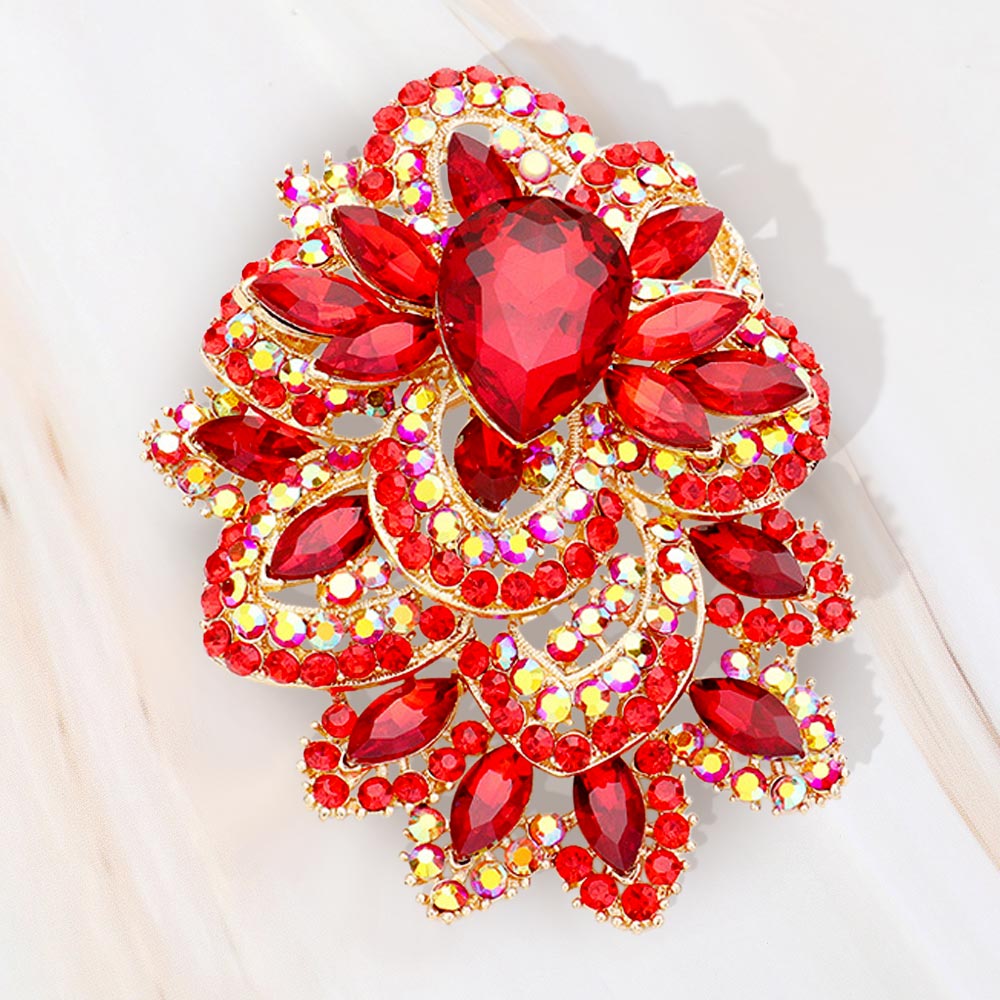 Madeline Love Gold, Red Crystal Pave Leaf Cluster Pin Brooch - Brooches
