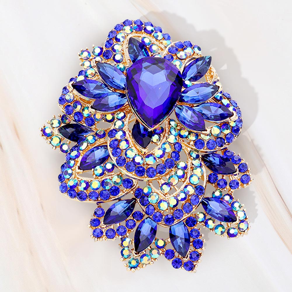 Madeline Love Gold, Royal Blue Crystal Pave Leaf Cluster Pin Brooch - Brooches
