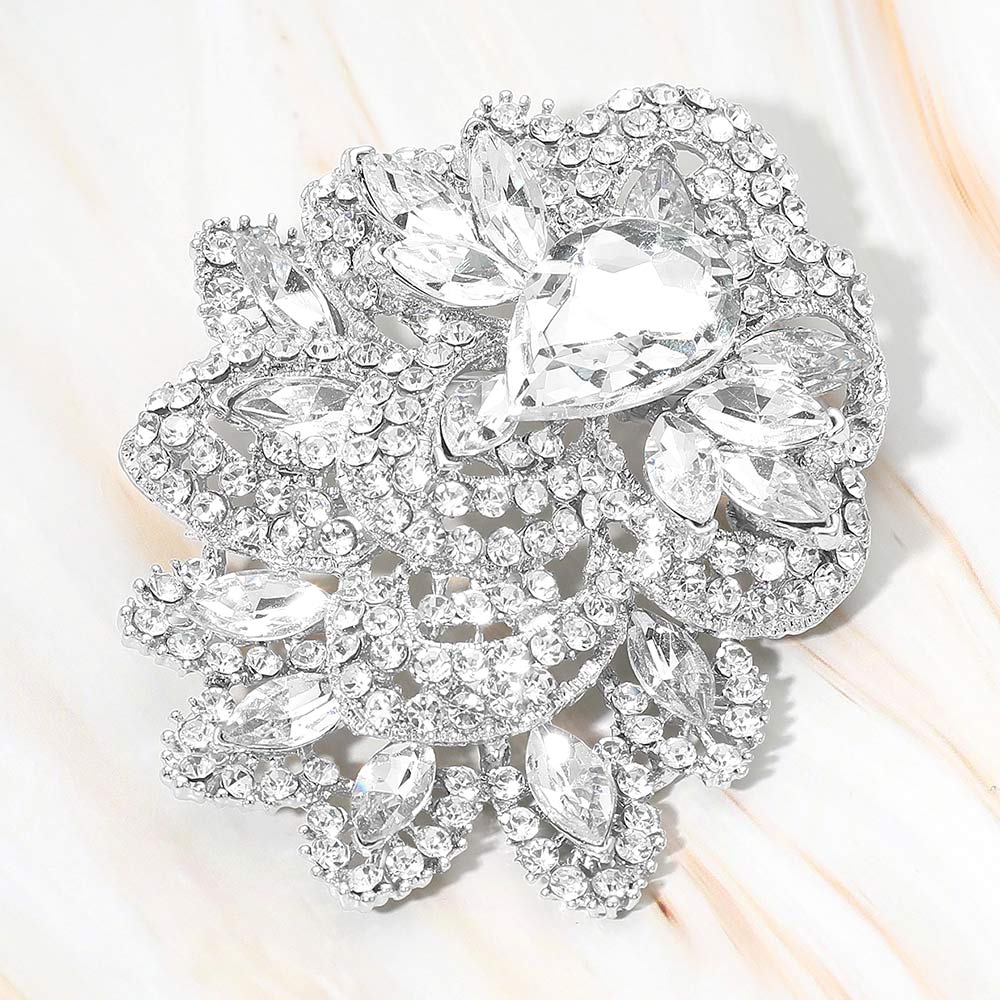 Madeline Love Clear, Rhodium Crystal Pave Leaf Cluster Pin Brooch - Brooches