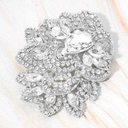 Madeline Love Clear, Rhodium Crystal Pave Leaf Cluster Pin Brooch - Brooches