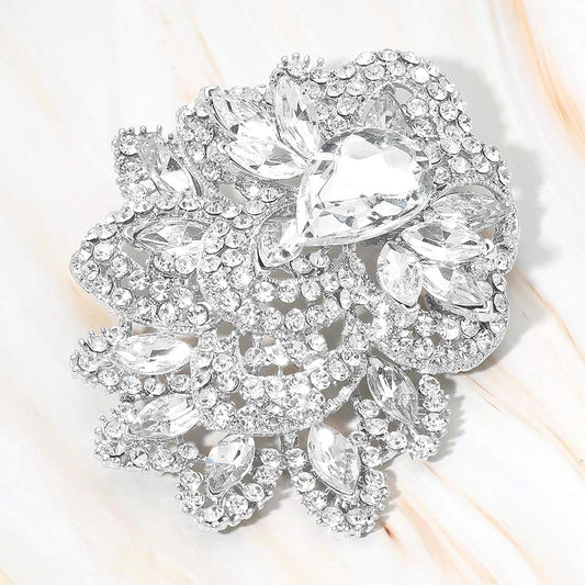 Madeline Love Clear, Rhodium Crystal Pave Leaf Cluster Pin Brooch - Brooches
