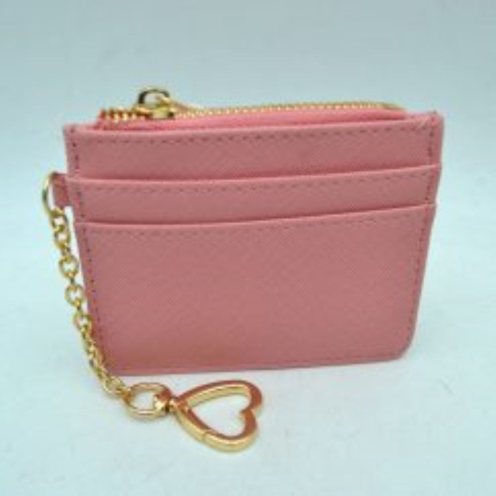 Baby-pink This slim card holder wallet combines a sleek, structured design with practical storage compartments for organized everyday use. The front panel features multiple layered slots designed for quick access to cards, while a secure top zipper closure with a prominent metallic pull opens to a central pocket for coins or folded bills. Perfect for on-the-go convenience