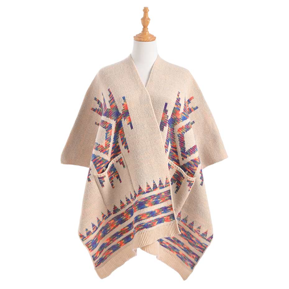 Beige Boho Patterned Front Pockets Poncho, with the latest trend in ladies' outfit cover-up! the high-quality knit poncho is soft, comfortable, and warm but lightweight. It's perfect for your daily, casual, party, evening, vacation, and other special events outfits. A fantastic gift for your friends or family.