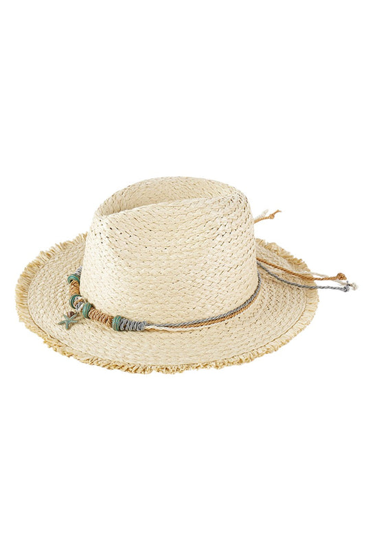 Beige Braided Starfish Band Frayed Straw Summer Sun Hat features a distinctive braided starfish band and stylish frayed edges. The wide brim provides optimal UV protection while maintaining breathability, making it an essential accessory for beach outings, resort wear, or any outdoor summer activity. Lightweight construction ensures all-day comfort.