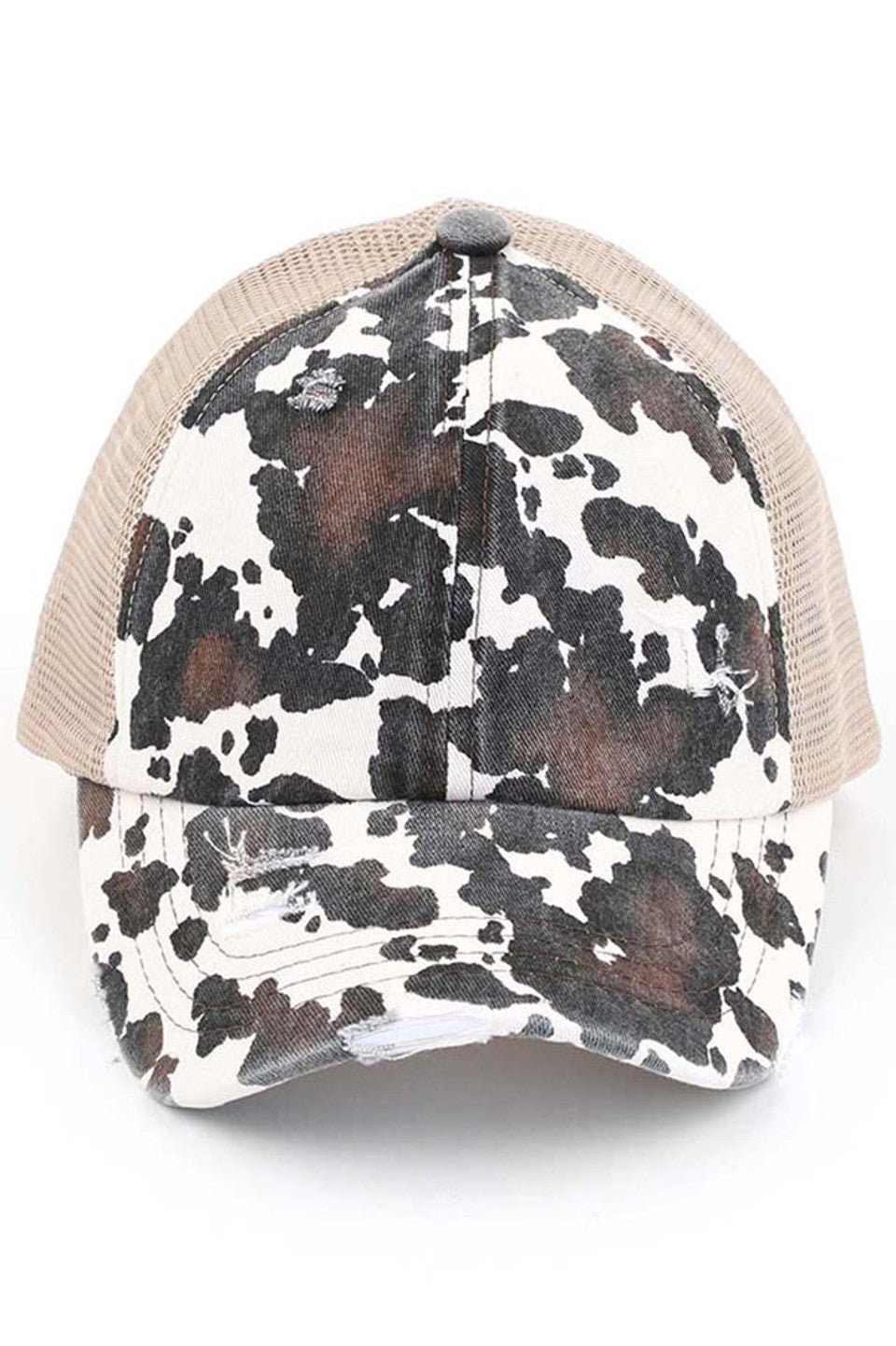 Beige C.C cow print criss cross ponycap is the perfect blend of style and functionality. The adjustable criss cross design allows for a comfortable and secure fit, while the unique cow print pattern adds a touch of fun to any outfit. Made with high-quality materials, this ponycap is durable and long-lasting.