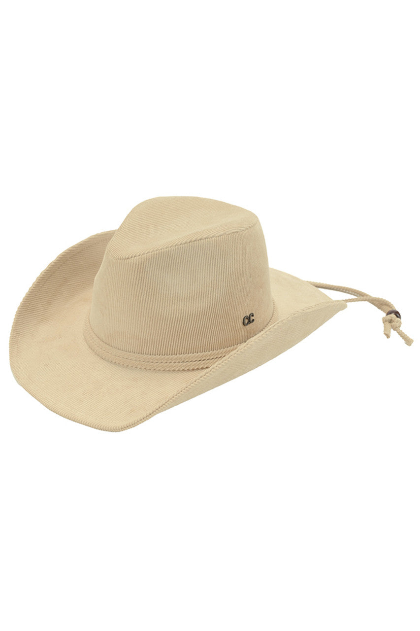 Beige C.C Chin Straps Corduroy Cowboy Hat is a stylish and practical accessory for any outdoor enthusiast. Made with durable corduroy material, this hat is perfect for protecting your face and neck from the sun's harmful rays. The chin straps provide a secure fit, making it perfect for all your adventures.