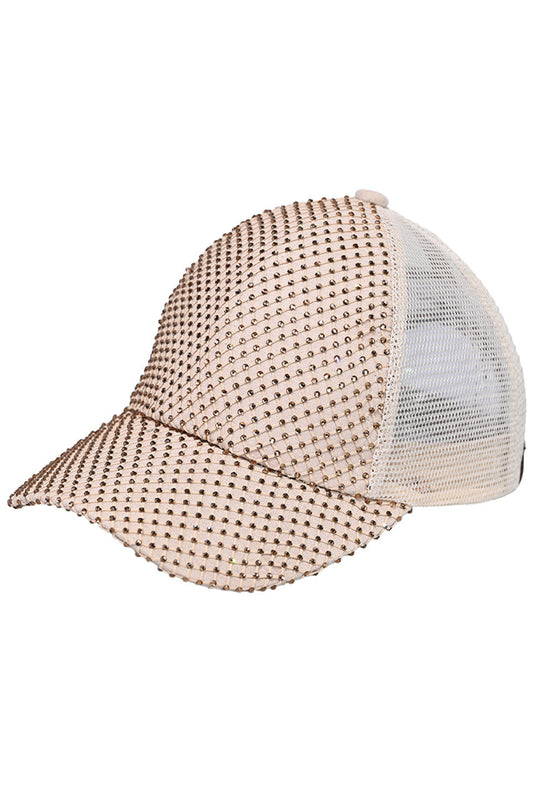 Beige C.C Rhinestone Net Baseball Cap combines fashion and function with its trendy design and durable construction. Featuring sparkling rhinestones and a breathable net design, this cap is the perfect accessory for any outdoor activity. Made with high-quality materials, it offers both style and comfort for all-day wear.