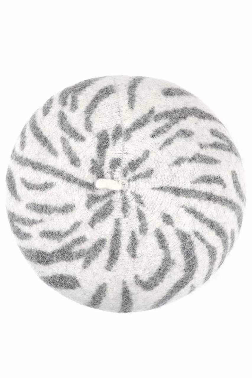 Beige C.C Zebra Wool Beret Beanie merges traditional craftsmanship with contemporary design. Constructed from high-quality wool fibers, this headwear provides exceptional thermal regulation while the distinctive zebra pattern offers visual interest. The beret silhouette delivers a sophisticated profile that complements diverse facial structures and outfitting choices, making it an essential cold-weather accessory for the discerning consumer.