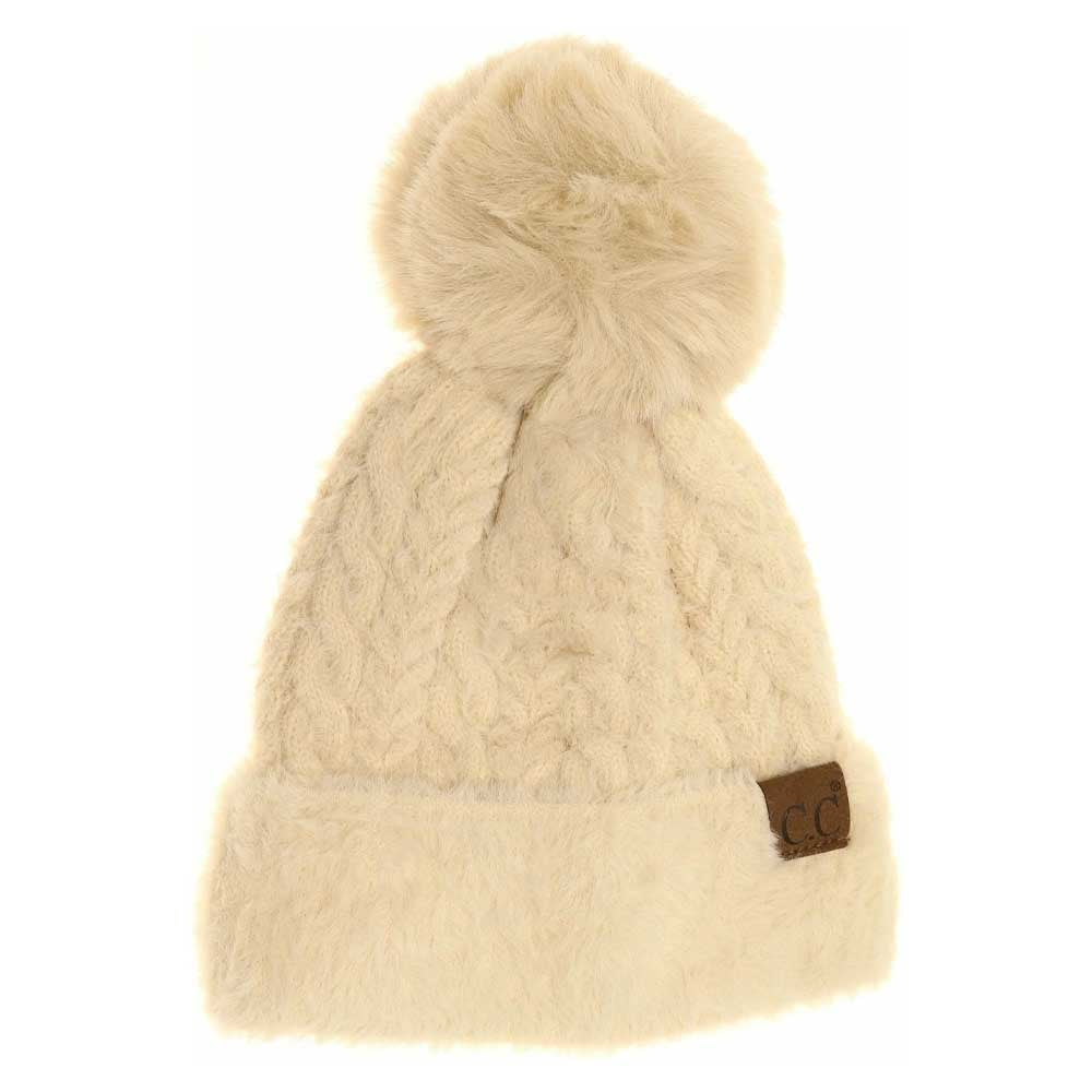 Beige C C Cable Knit Beanie With Faux Fur Knitted Cuff And Pom, Accessorize the fun way with this faux fur pom cable knit Beanie. The autumnal touch you need to finish your outfit in style. Cable knit Beanie made with warm acrylic and nylon yarn to ensure maximum comfort and durability. Ideal winter head cover! 