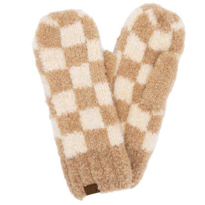C.C Checkered Pattern Boucle Mittens - Beige Camel - Mittens
