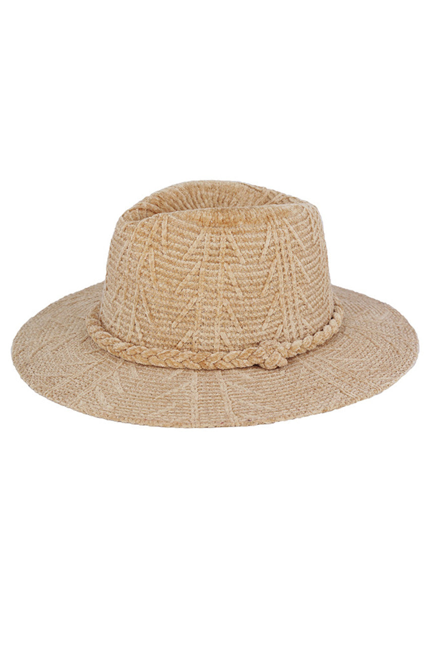 Beige Chenille Pattern and Braided Band Winter Fedora combines thermal efficiency with sophisticated design. The textured chenille fabric provides exceptional warmth retention while maintaining breathability. The precision-crafted braided band creates visual interest and structural integrity. Designed with a classic silhouette that complements diverse facial structures, this fedora offers optimal protection against winter elements while elevating your seasonal wardrobe with architectural elegance. 