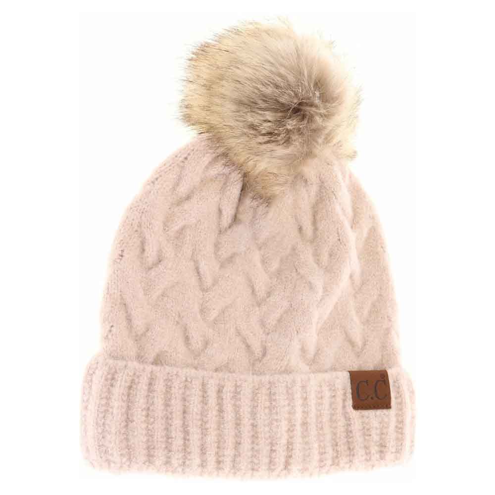 Beige Chunky Braided Cable Knit Fur Pom C.C Beanie combines classic craftsmanship with modern warmth. Expertly knit with thick braided cables, this beanie provides robust insulation against cold weather. The plush fur pom adds a refined, textured accent, enhancing both style and comfort. Designed for a snug yet flexible fit, it offers reliable protection for winter activities while elevating your everyday cold-weather wardrobe. 