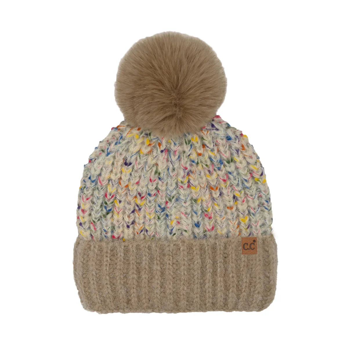 Beige Confetti Pom C.C Beanie blends cozy warmth with playful style. Crafted for comfort, its soft knit fabric ensures a snug fit that keeps you warm on chilly days. The colorful confetti speckles add a vibrant touch, while the fluffy pom-pom on top offers a classic, stylish finish. Perfect for everyday wear or outdoor activities, this beanie combines functionality with a trendy edge, making it a versatile accessory for any cold-weather wardrobe. 