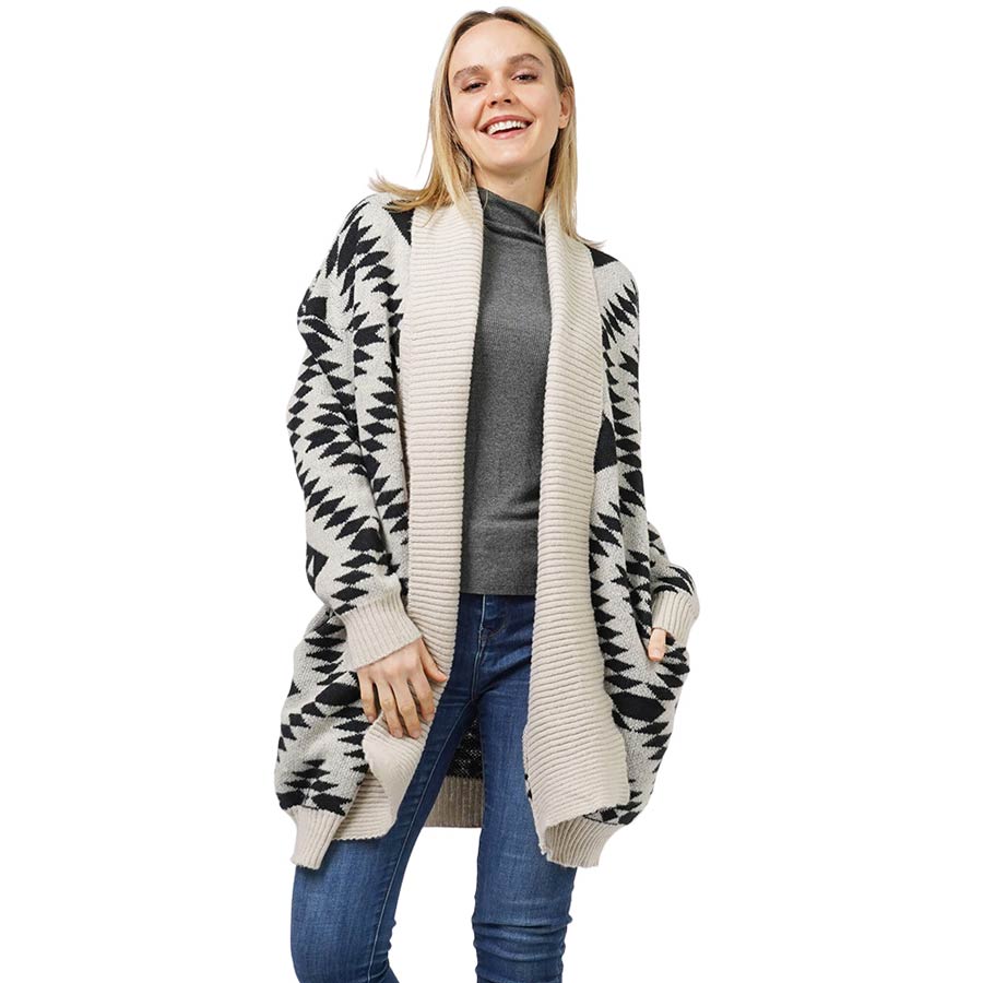 Beige Gorgeous Aztec Patterned Sweater Cardigan, delicate, warm, on-trend & fabulous, a luxe addition to any cold-weather ensemble. Great for daily wear in the cold winter to protect you against the chill, classic infinity-style sweater & amps up. Perfect Gift for wife, mom, birthday, holiday, etc.