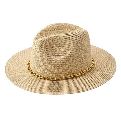Beige sleek and stylish Hardware Chain Band Pointed Straw Hat. Made with high-quality straw and adorned with a chic hardware chain band, this hat is the perfect accessory for any outfit. Its pointed design adds a touch of elegance while providing protection from the sun. Upgrade your look with this hat.